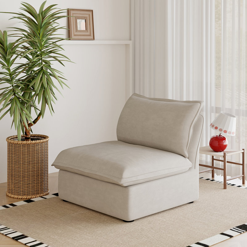 Fairford Armless Upholstered Linen Velvet Slipcovered Chair, Beige Linen Blend