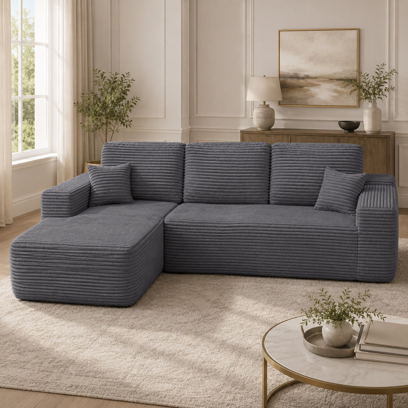 Canapé d'angle modulaire en forme de L Cloud gris, 105 po, avec méridienne et poches latérales, revêtement en tissu moelleux, assise profonde, aucun assemblage requis, pour le salon et la chambre.