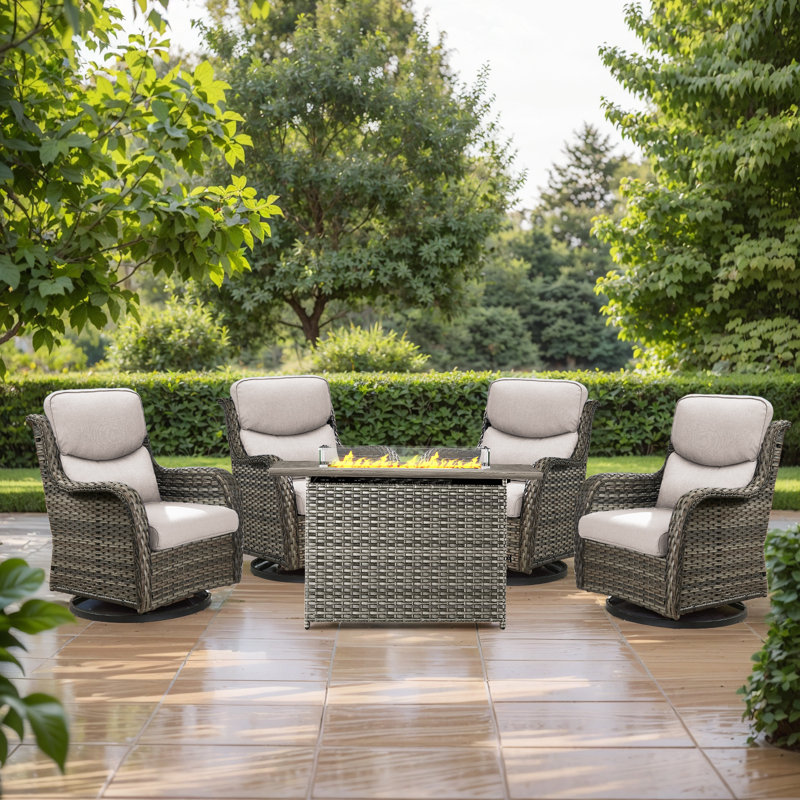 Smile 5 - Piece Outdoor Seating Group With Firepit Table With Cushions, Gray, Gray