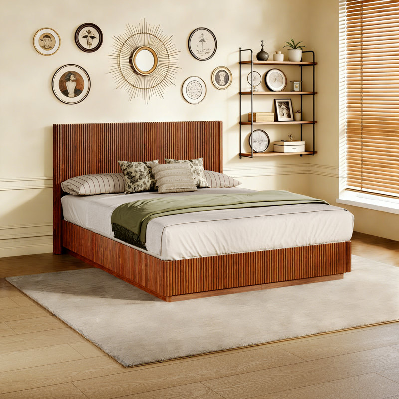 Fluted Bed Frame with Smart LED Lights and Tall Headboard, Platform Bed with Metal Support Slats, Weight Capacity 1000 lbs, No Box Spring Needed, Walnut, Queen