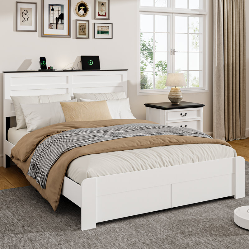 Farmhouse Wood Platform Bed Frame With 2 Drawers,Queen Size Bed Frame With Charging Station,No Box Spring Needed, Queen