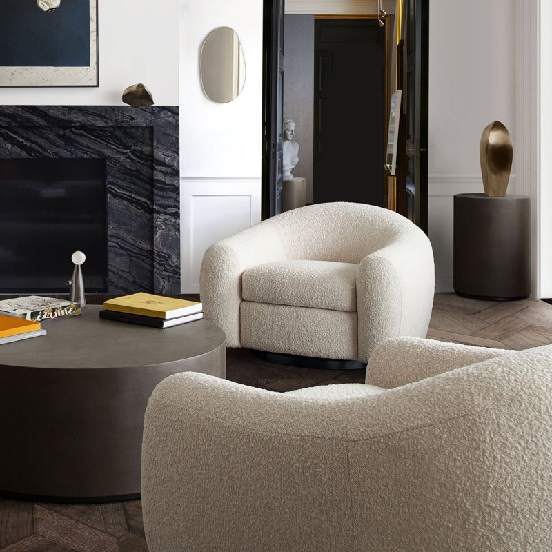 Eucalyptus Solid Wood Barrel Swivel Chair in Bone Boucle