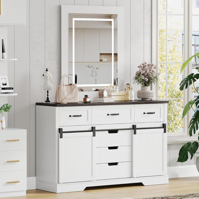 6 Drawers Dresser with Mirror for Bedroom, Makeup Vanity with Light Mirror, Farmhouse Modern Dressers, Chest of Drawers with Sliding Barn Doors for Be by August Grove
