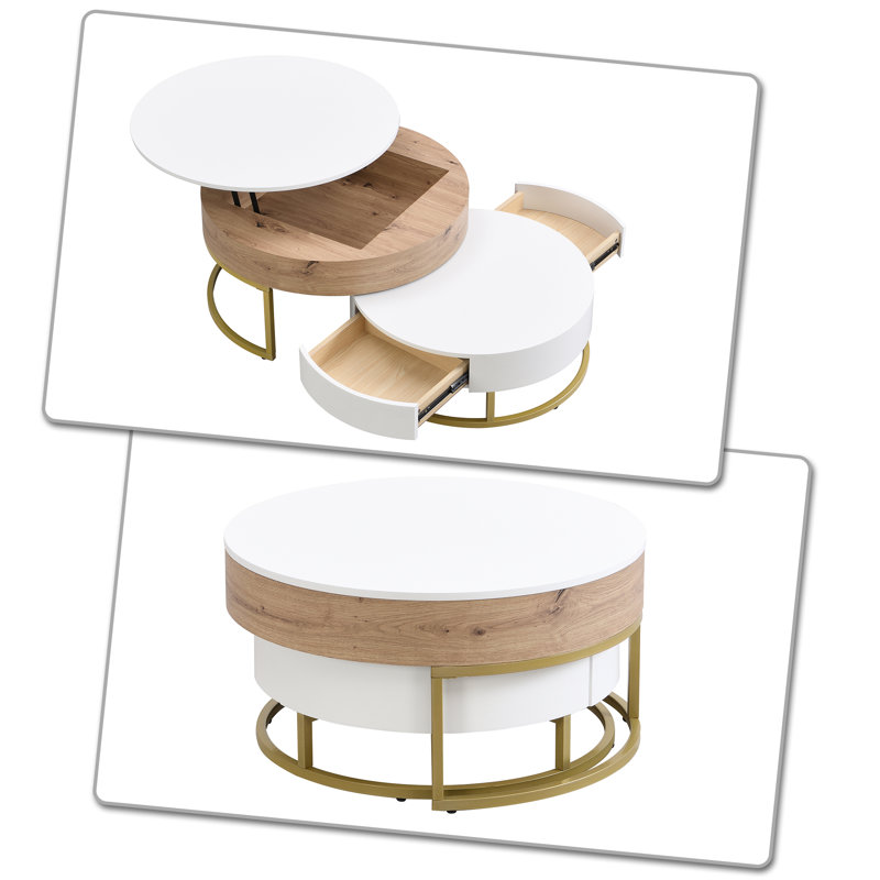 Ensemble de table de salon 2 pièces Juwaan, Blanc antique / bois de chêne naturel, Or