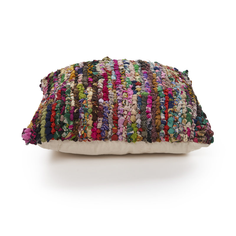 Multicolor Bohemian Striped Chindi Floor Pillow, 26" x 26"