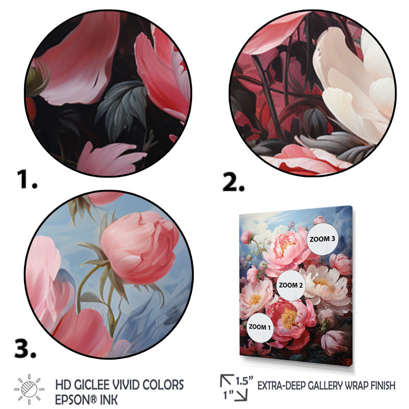 Meadow Peony Paradise - impressions sur toile florales et botaniques, H 44 po x l 34 po x P 1,5 po, Encadrement doré