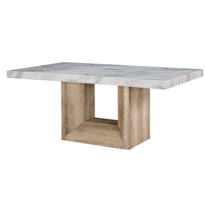 Table de salle à manger blanche en faux marbre avec base en bois naturel 70 po Profondeur x 42 largeur 30 hauteur table à manger ravissante et base en bois d'apparence