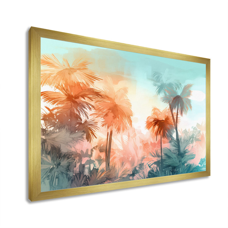 " Majestic Tropical Palm Trees II ", 12" H x 20" W x 1" D, Gold Picture Framed