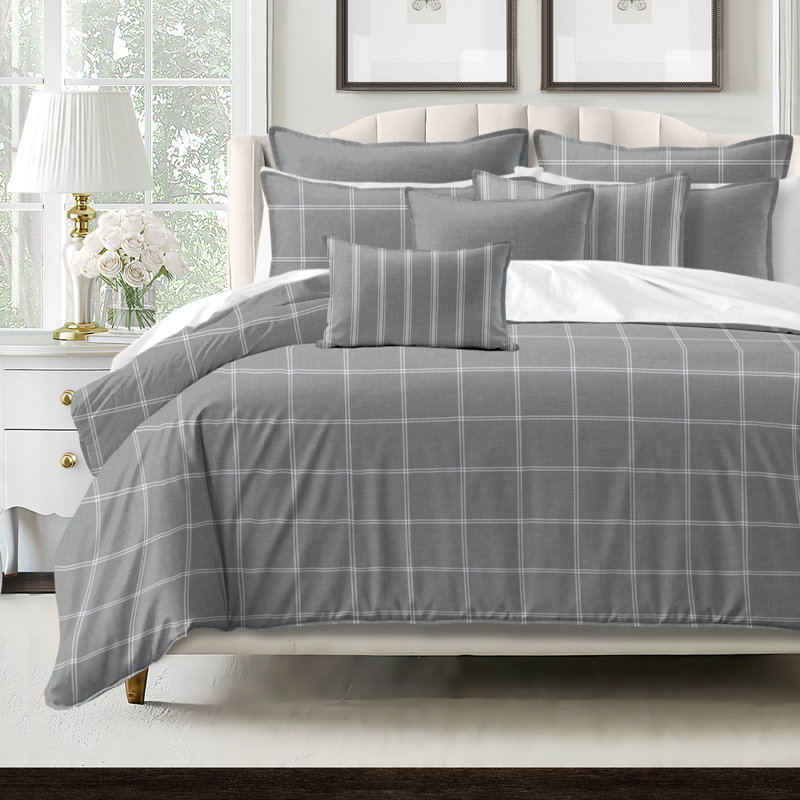 Shay Window Pane Gray Cotton Duvet Cover Set  8 Piece, King Duvet Cover + 7 Additional Pieces