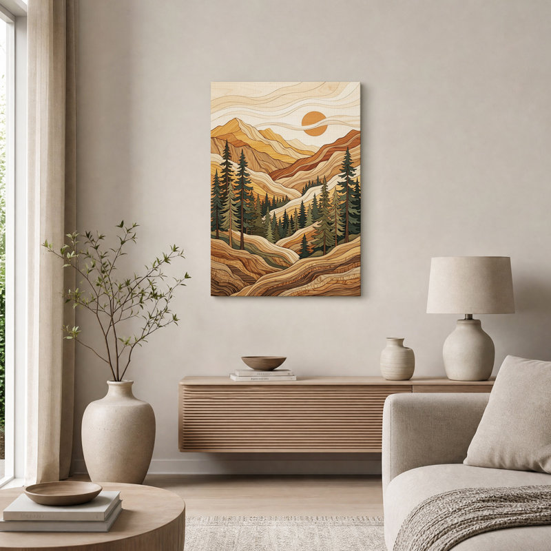 Toile murale en bois superposé représentant une montagne et une forêt de pins, H 48 po x l 36 po
