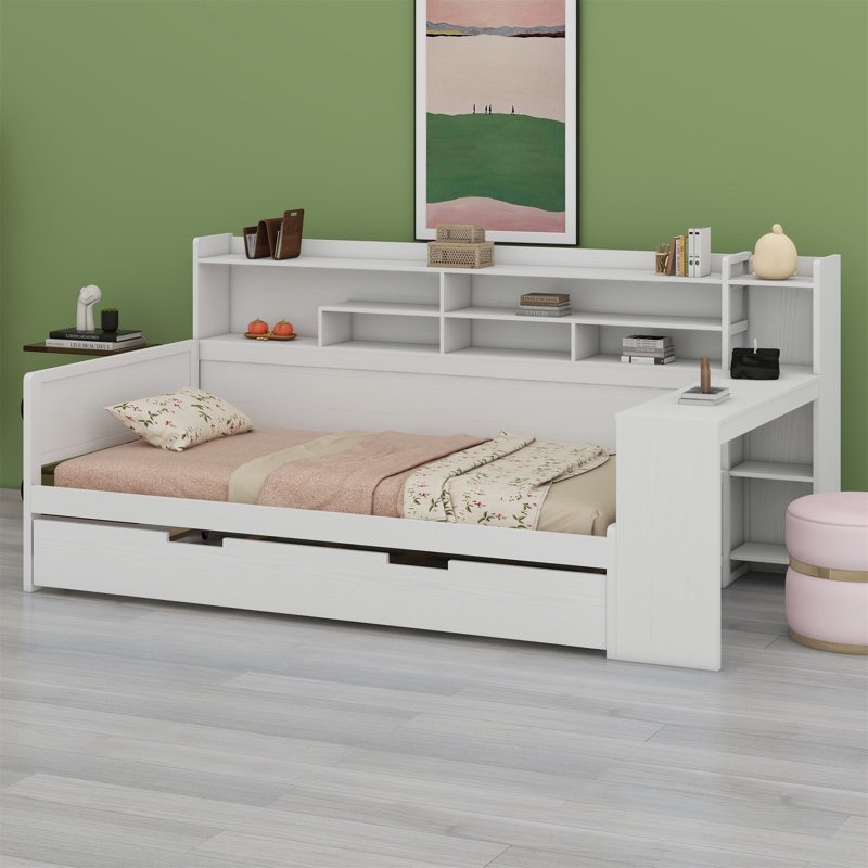 Wooden Daybed With Storage Shelves, Multi-Functional Bed With Trundle Bed And Study Desk, Antique White