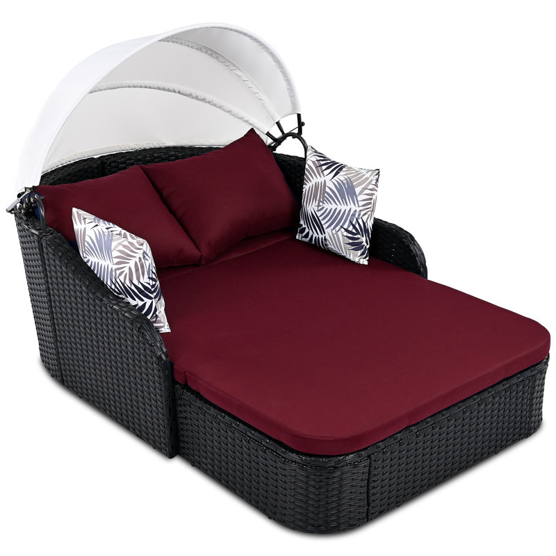 Chaise longue en osier avec auvent réglable, Rouge