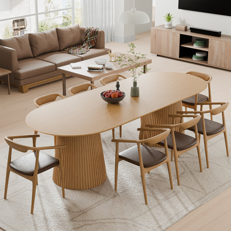 86" Wood Oval Pedestal Base Dining Table Kitchen Table for 10, Oak