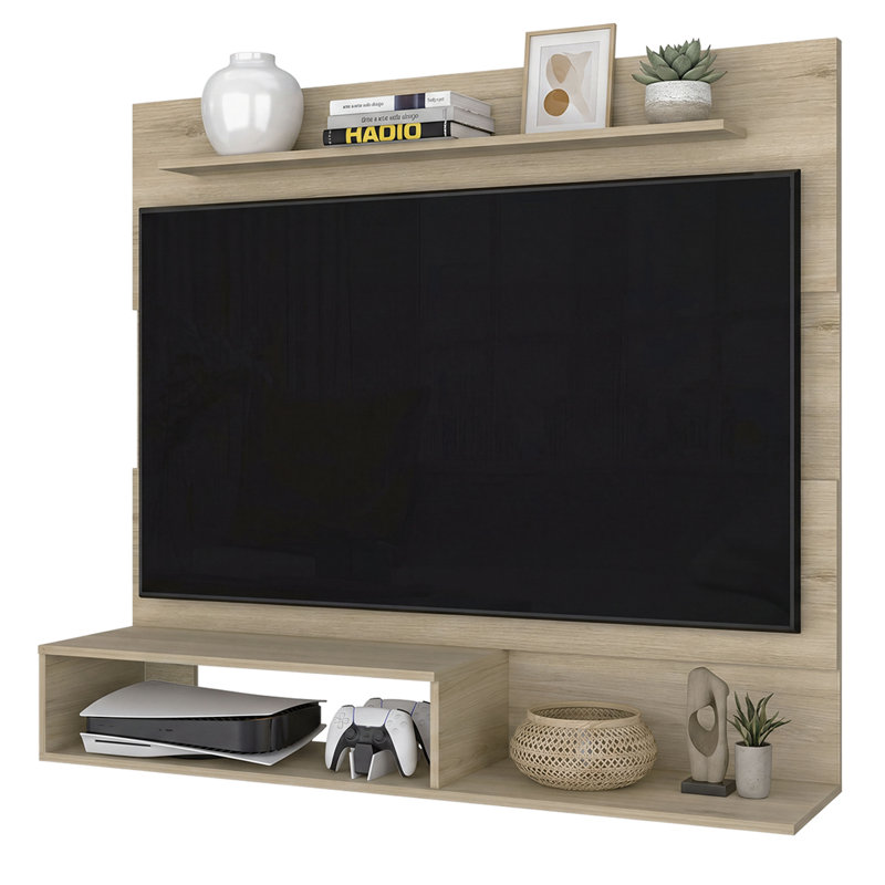  Irmo Floating Wall-Mounted TV Stand with Open Shelves and Media Storage, Light Pine