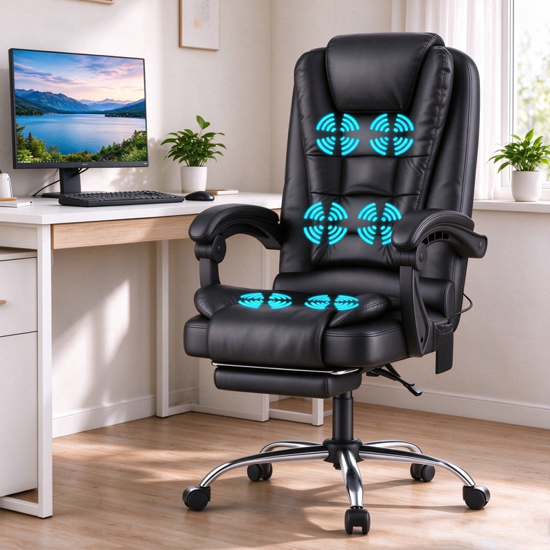 Upholstered Massage Executive Office Chair, Desk Chair with Retractable Footrest , Faux Leather, Black