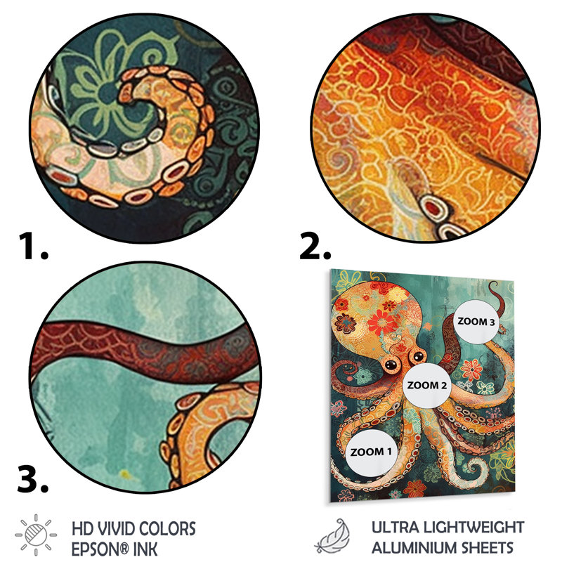 «Flowerful Octopus Deep Sea Boho Vintage», art mural poulpe / calmar, Sans cadre, métal, H 40 po x l 30 po