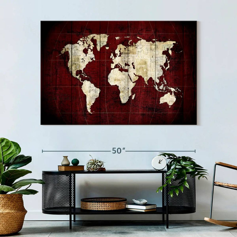 «White on Red World Map», reproduction sur toile, H 34 po x l 51 po x P 1,25 po