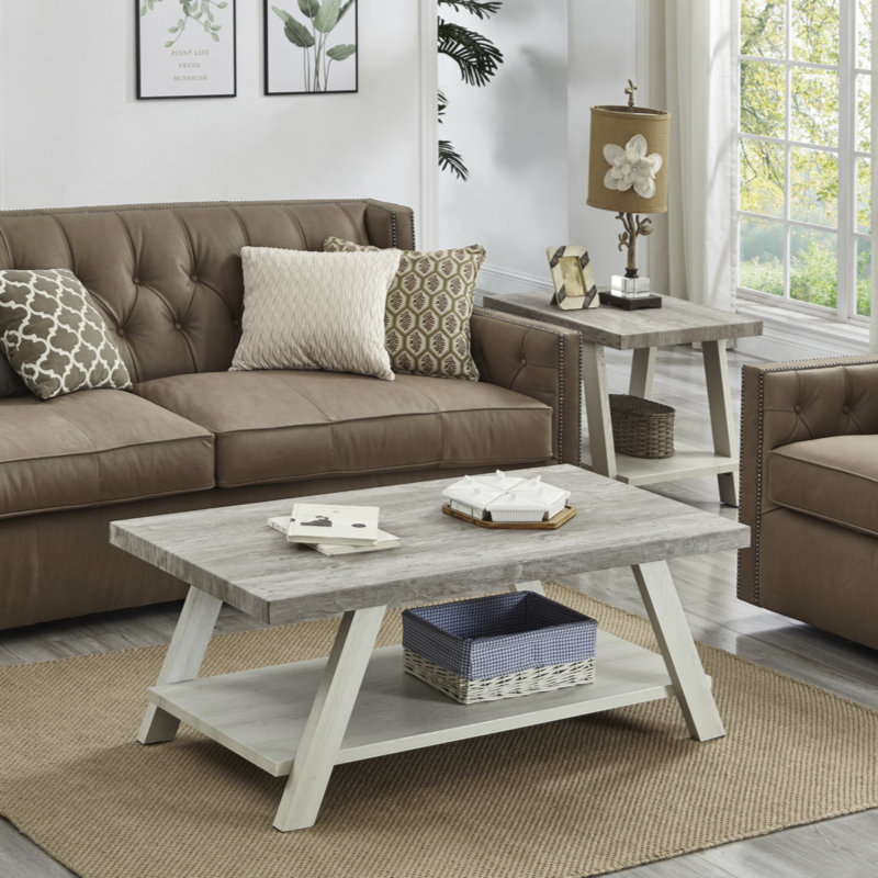 Tevis 3-Piece Wood Coffee Table with Shelf, White, Light Gray