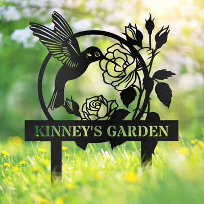 Garden Hummingbird On Rose Flowers Custom Metal Name Sign Metal Split Letter Monogram Wall Accent