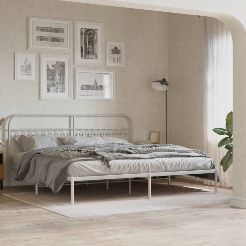 August Grove® Metal Bed Frame With Headboard, White, King