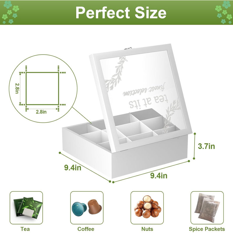 Boîte de rangement pour sachets de thé en bois à 9 compartiments avec couvercle en verre transparent