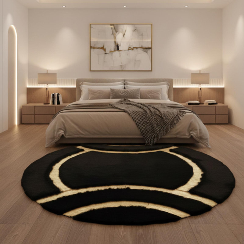 Tapis rond noir en peluche, tapis circulaire doré, tapis moelleux de luxe, Rond 3 pi