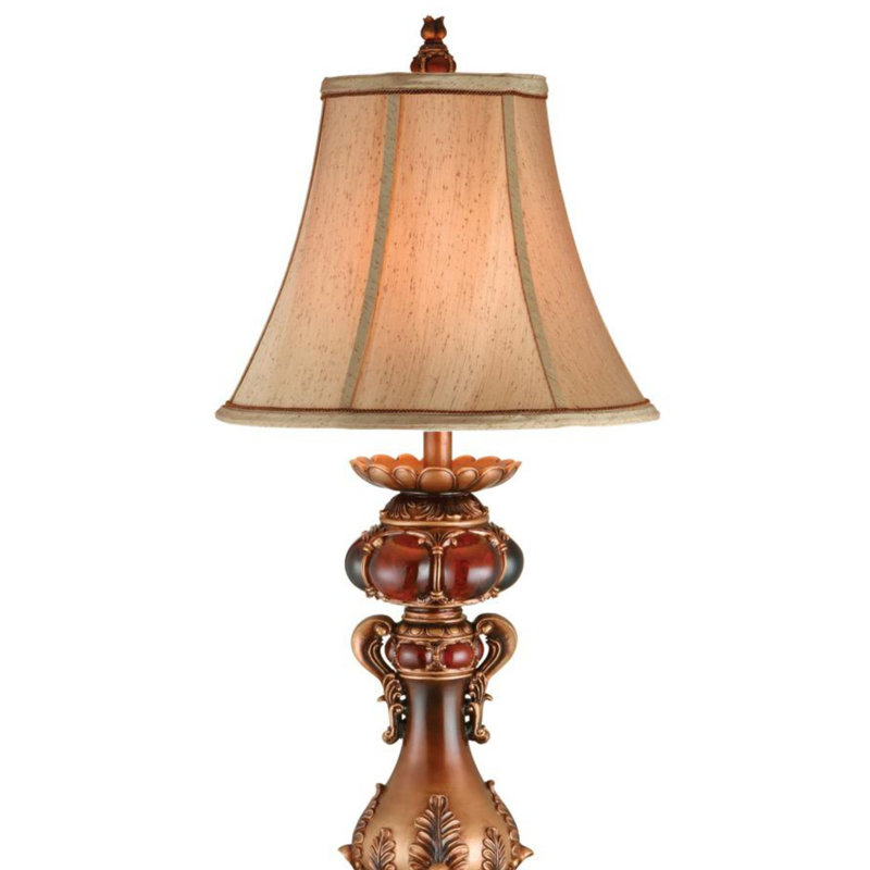 Lampe de table 31 "à finition rouge et brune en polyrésine avec abat-jour en lin