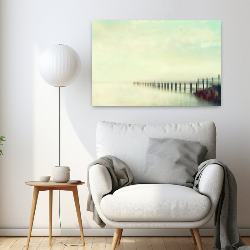 Coucher de soleil sur la plage, pont, abstrait, éthéré, paysage marin tranquille, art architectural, H 24 po x l 36 po