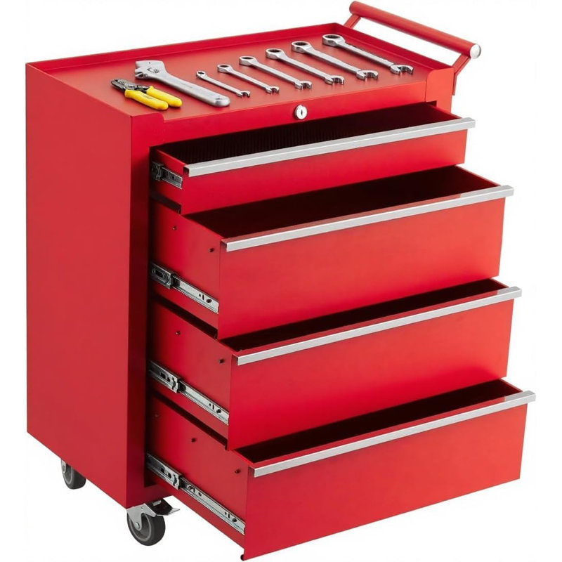 Coffre à outils 4 tiroirs avec roulettes rouge, Rouge