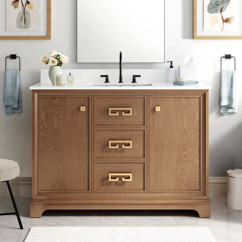 Meuble-lavabo simple autoportant 48 po avec comptoir en marbre d'ingénierie, lavabo en céramique, dosseret, 48", Brun