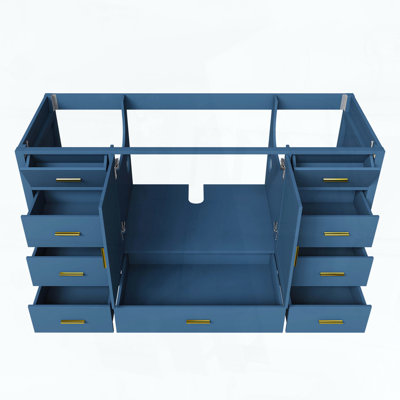 Meuble-lavabo de salle de bain avec deux portes doubles à fermeture douce, un grand tiroir, six petits tiroirs et deux compartiments de rangement à charnières, bleu