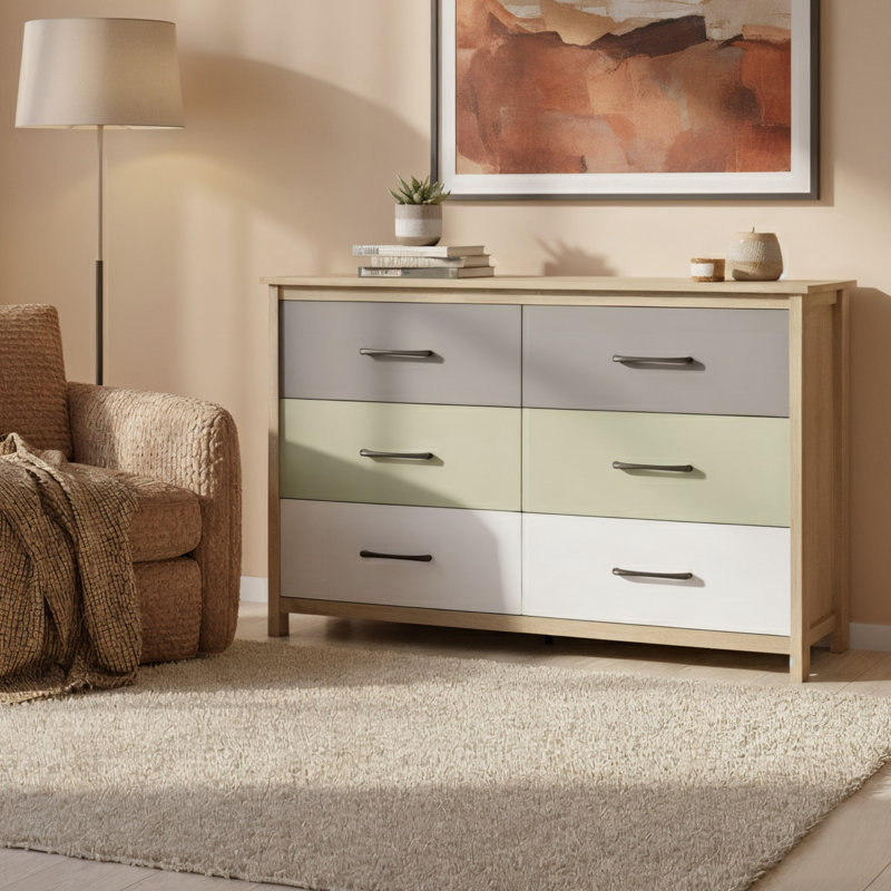 Commode 6 tiroirs Allysyn, Gris / blanc / vert