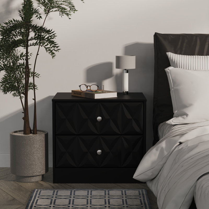 Ceinwen 58cm W Manufactured Wood Bedside Table, Deep Black/Black