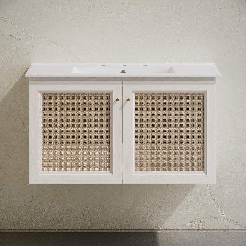Meuble-lavabo mural 36 po Witkowski en chêne blanc avec trous de robinet espacés, 36.5"