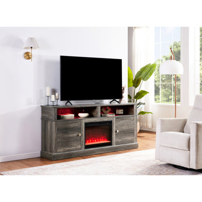 Meuble télé en noyer gris avec foyer et chauffage intégrés, largeur 178 cm, 11 réglages de température, 7 couleurs de flamme, minuterie, armoires de rangement, étagères ouvertes avec éclairage DEL, console en noyer.