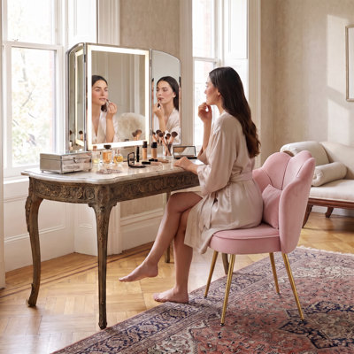 Velvet Vanity Chair with Flower Pillow Back and Adjustable Height with Anti-slip
