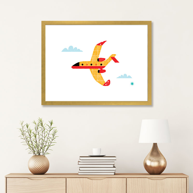 Avion - reproduction d'impression, H 24 po x l 32 po x P 1 po, Papier encadré doré, Blanc