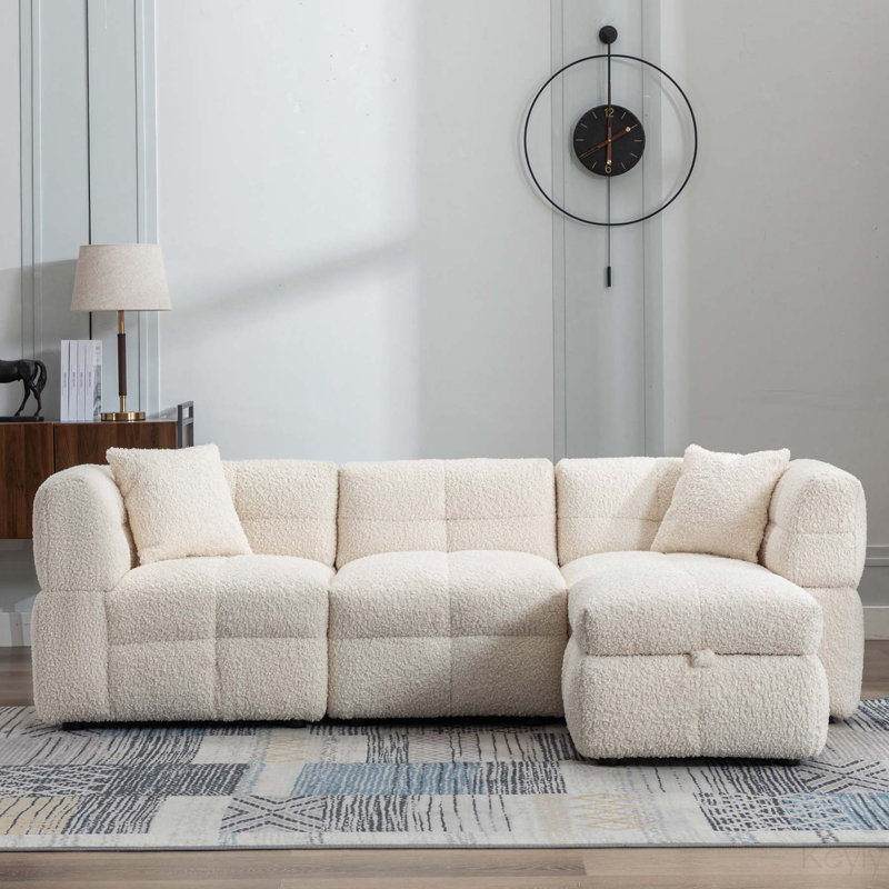 Canapé modulaire rembourré 4 pièces Ruvi, Tissu molletonné blanc crème
