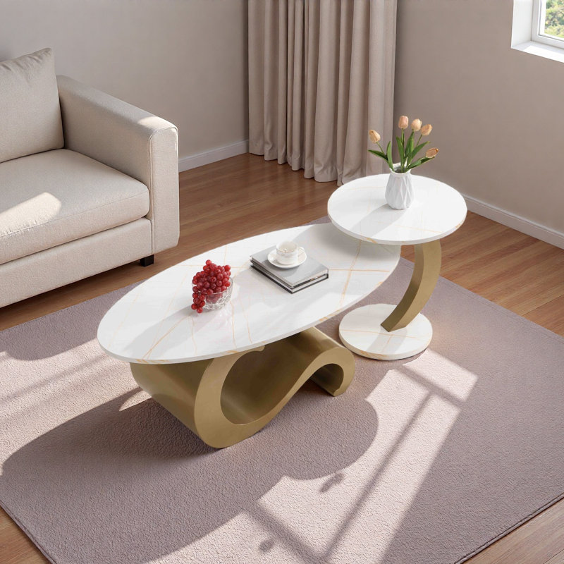 Ensemble de 2 tables de bout Modern Modern, Plateau blanc / base or, Marbre