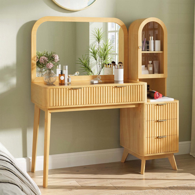 48" Fluted Makeup Vanity Desk With Large 32" Mirror, Modern Glass Top Big Vanity Table With 4 Drawers & Storage Cabinet, Dressing Table Set W/charging Station For Bedroom, Natural