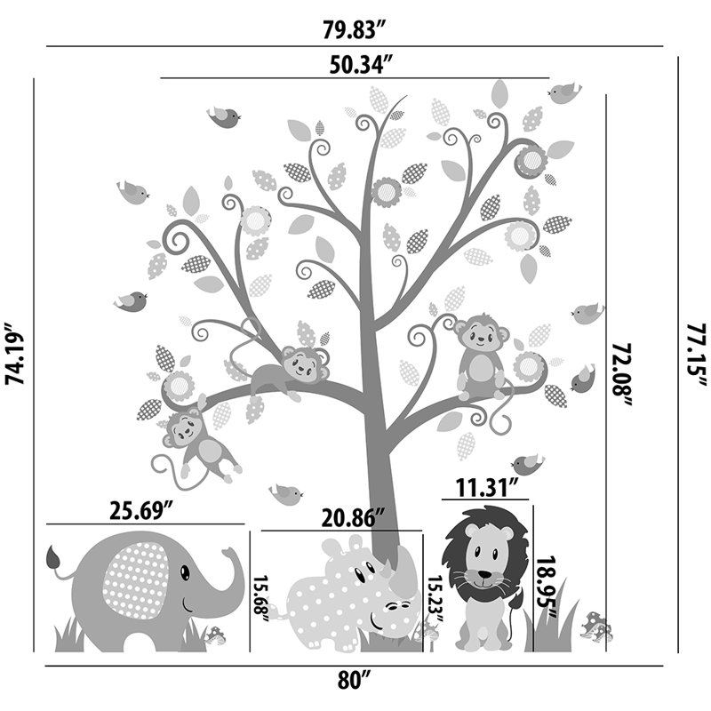 Adhésif décoratif arbre de chambre de bébé, lion et vinyle éléphant, Schéma A