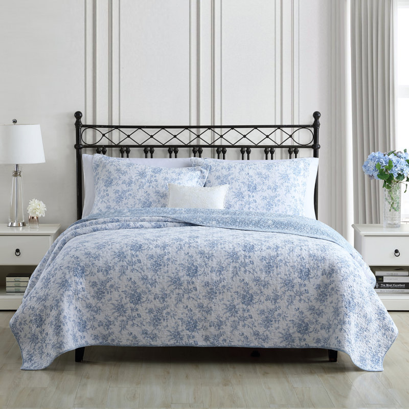 Laura Ashley Blue Floral Cotton King Reversible Quilt Set