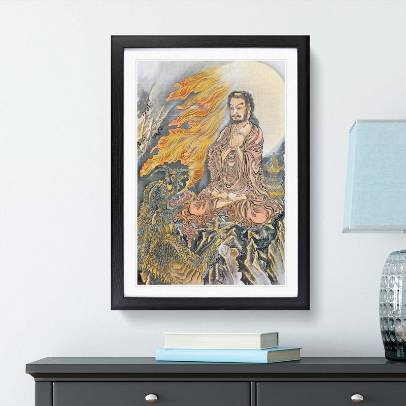 Shakyamuni Conquering the Demons by Kawanabe Kyosai - Picture Frame Painting Print, Black Framed, 36cm H x 27cm W x 2cm D