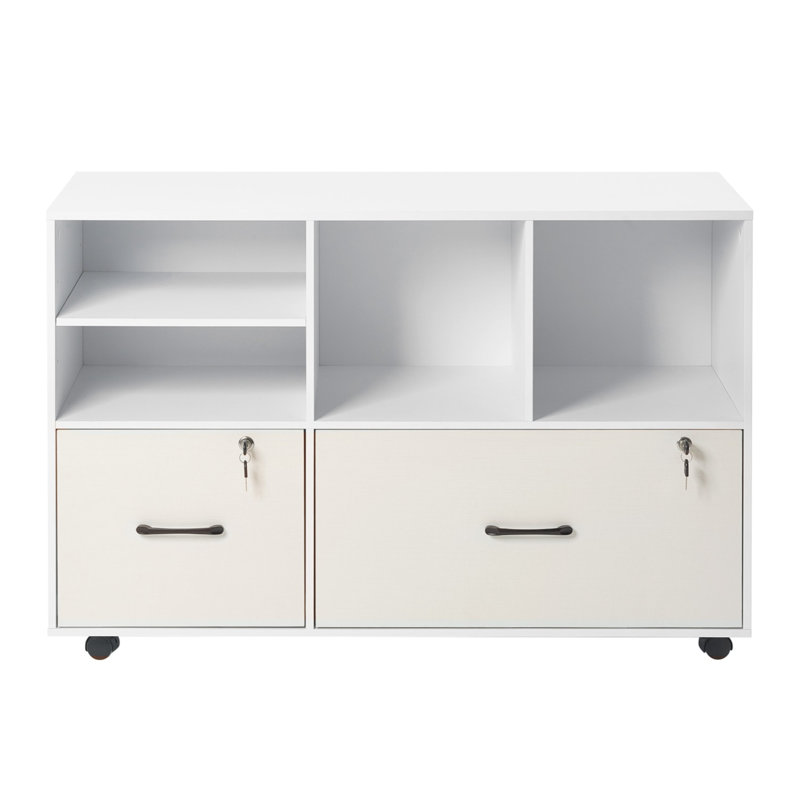 Classeur mobile moderne blanc avec tiroirs verrouillables et tablettes ouvertes réglables - Support à imprimante pour bureau à domicile