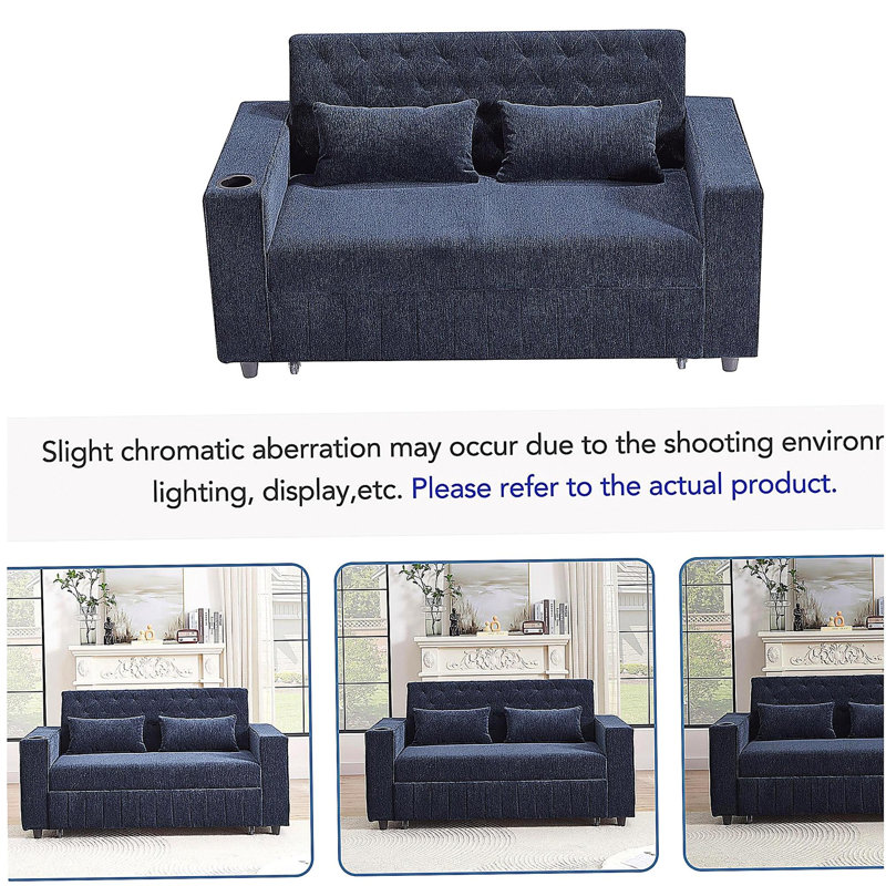 61.4-inch Extendable Sofa Bed Convertible Sofa, Modern Adjustable Back Sofa, Blue