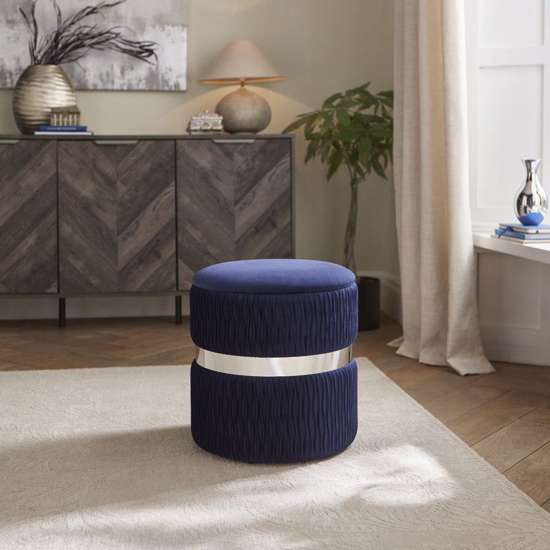 38cm Wide Velvet Round No Pattern Pouffe Ottoman with Storage, Blue