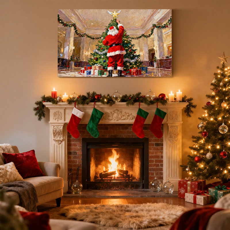 «Christmas Santa Decorating Christmas Tree In Hall», ensemble de 3 impressions d'art sur toile, H 24 po x l 36 po