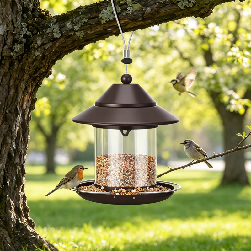 Outdoor Hanging Bird Feeder for Wild Birds, Small Metal Roof Bird Feeder with Clear Tube Seed Capacity for Viewing Cardinals and Finches, Garden and Yard Decoration
