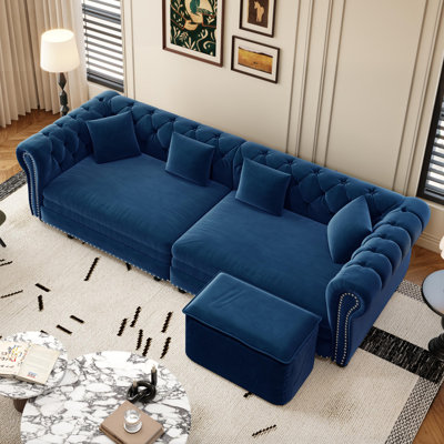 89" Velvet Upholstered Chesterfield Sofa King-Size Pull-Out Sofa Bed, Convertible Sleeper Couch with 4 Pillows, Blue