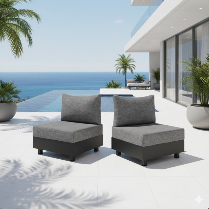2-Piece Gray Aluminum Modular Armless Chairs For Pool Garden Balcony Porch (Set Of 2)
